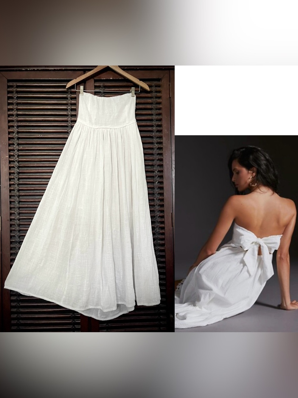 Anthropologie Olivaceous Sz L White Maxi Dress Cotton Gauze Tie Back Strapless